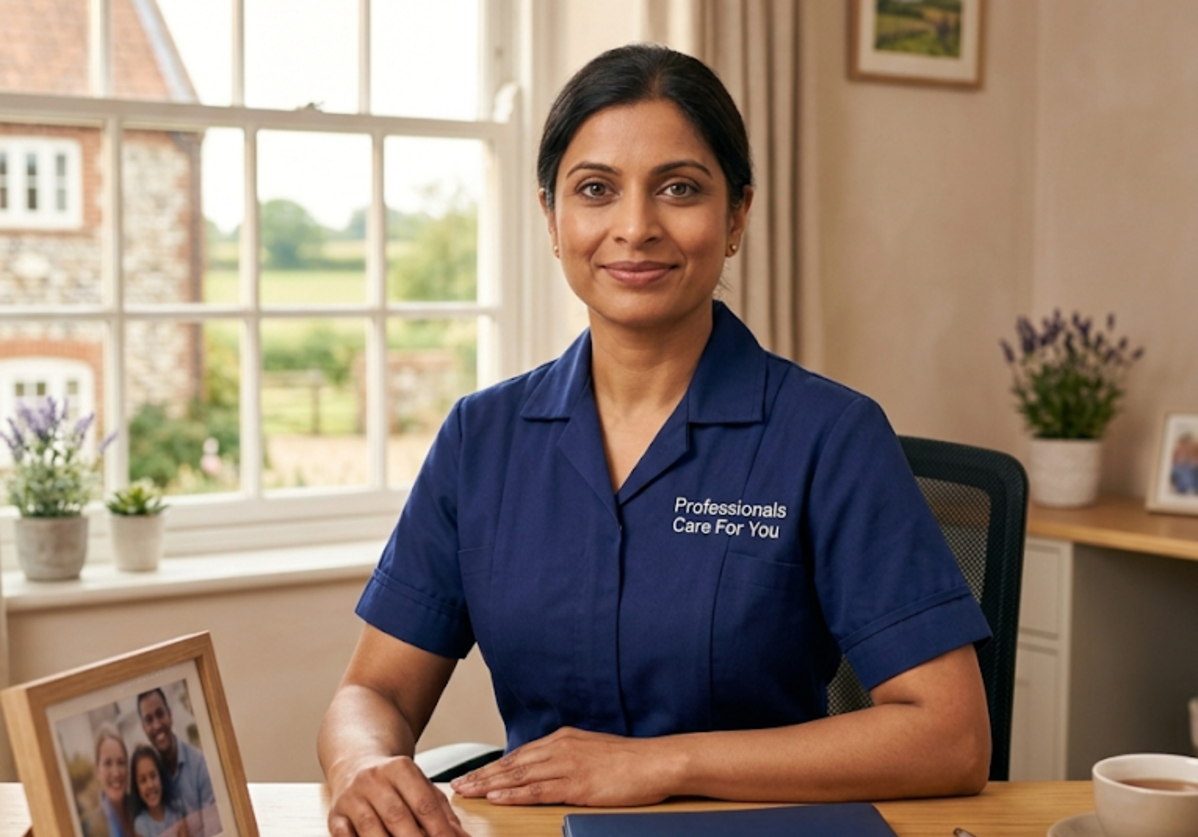 Founder of Professionals Care For You, a nursing-led home care provider in King's Lynn Norfolk, at her care office desk