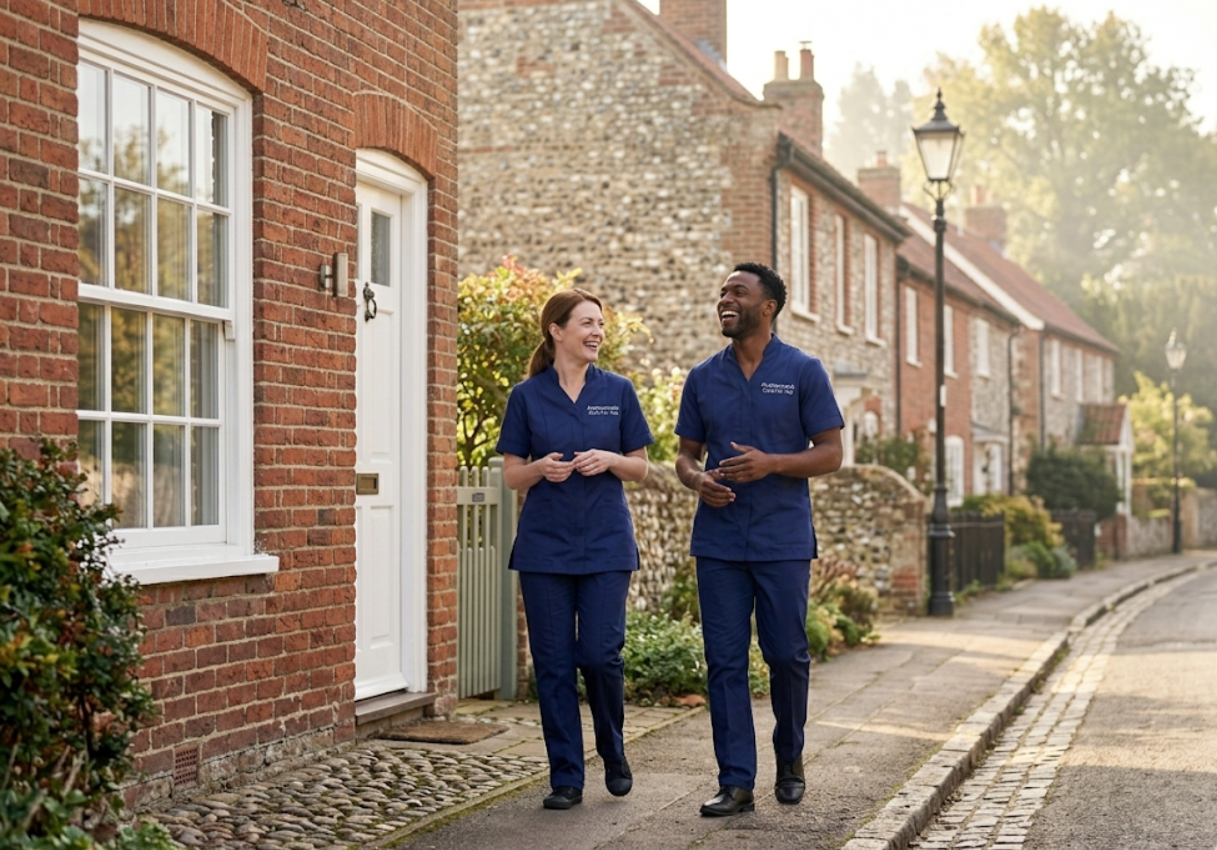 Two Professionals Care For You home carers — European female and African male — walking together in King's Lynn Norfolk ready for care visits
