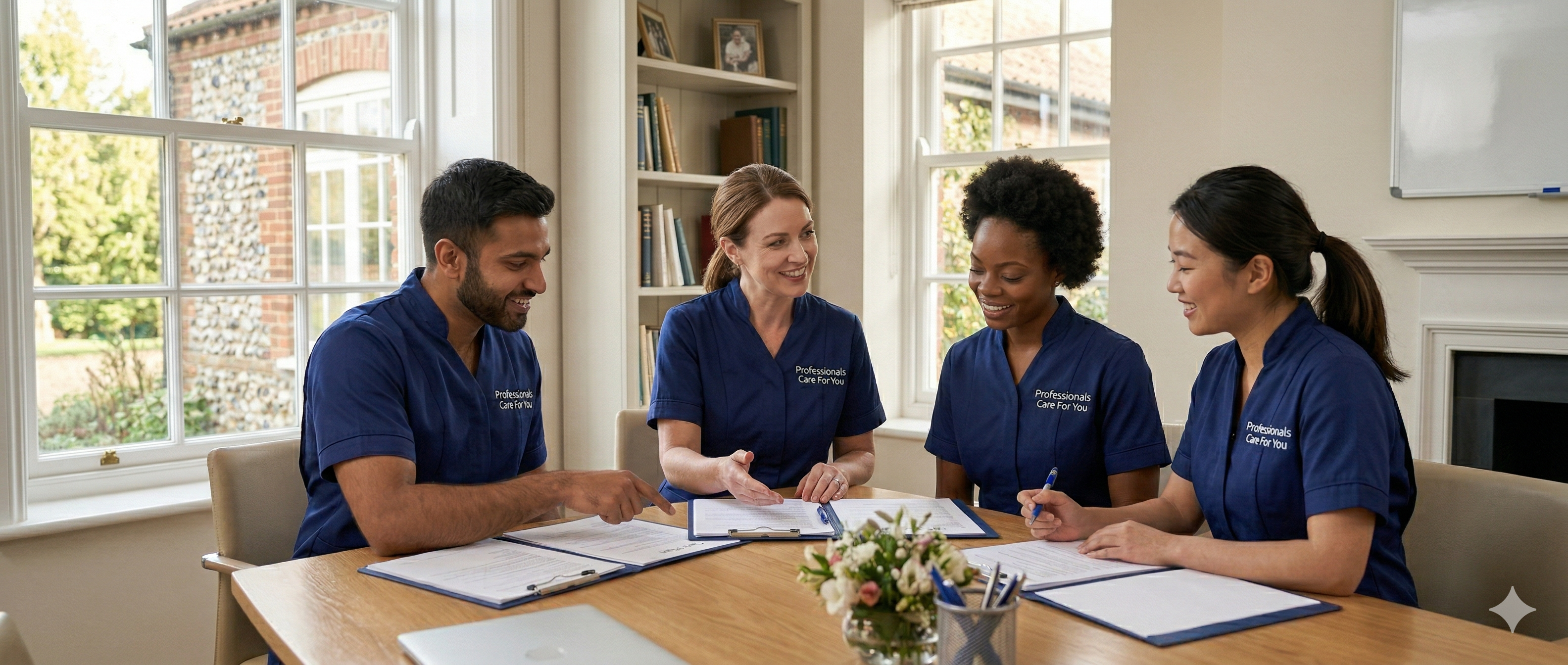 The Professionals Care For You home care team collaborating in their King's Lynn Norfolk office — diverse European, African, South Asian and East Asian care professionals