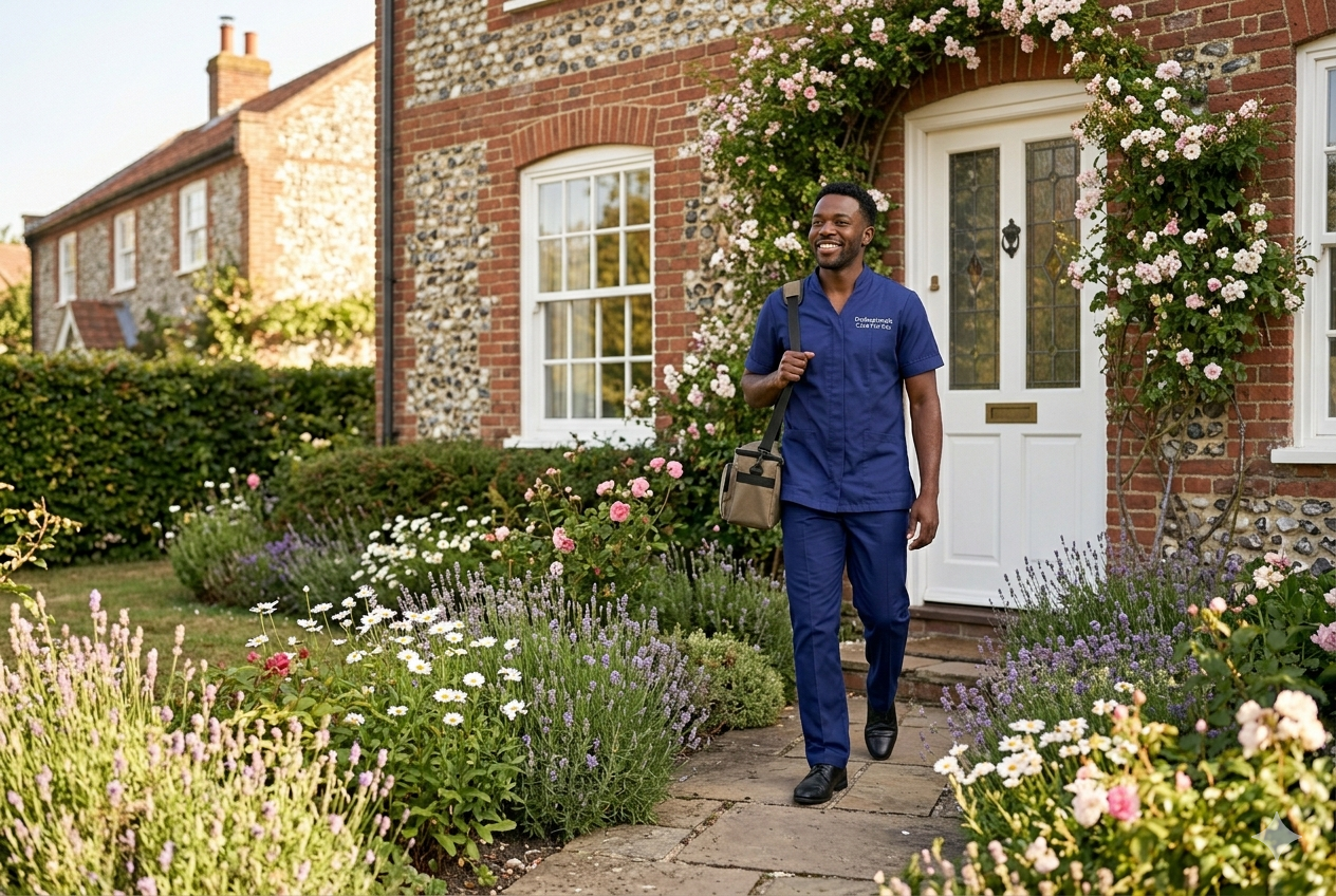 Black African male Professionals Care For You carer arriving at a client's Norfolk home on a bright morning — a day in the life of a home carer in King's Lynn
