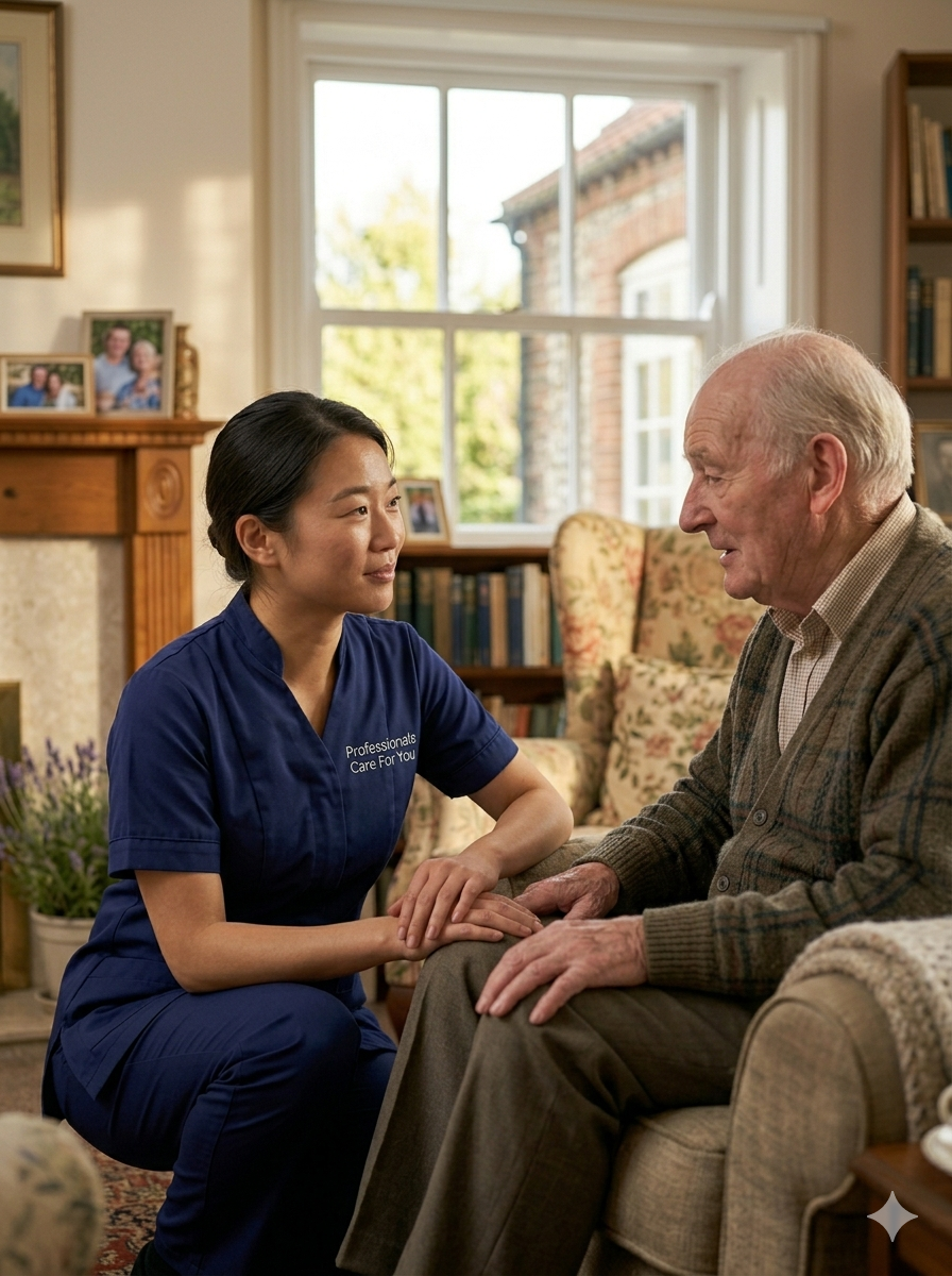 East Asian female Professionals Care For You carer kneeling to speak with an elderly man in his Norfolk home — showing the compassion and patience required for care jobs in King's Lynn