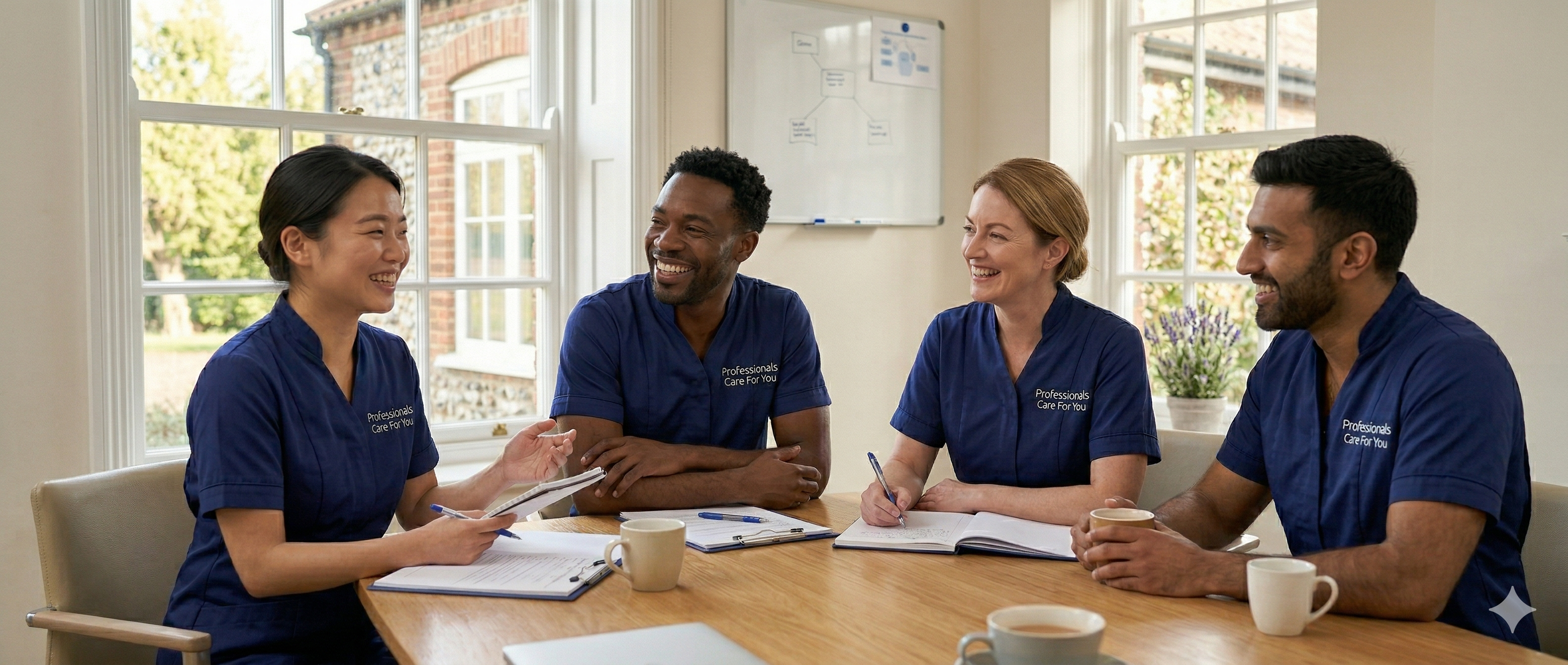 Diverse Professionals Care For You care team — East Asian, African, European and South Asian carers — at a team meeting in their Norfolk office, representing care job culture in King's Lynn