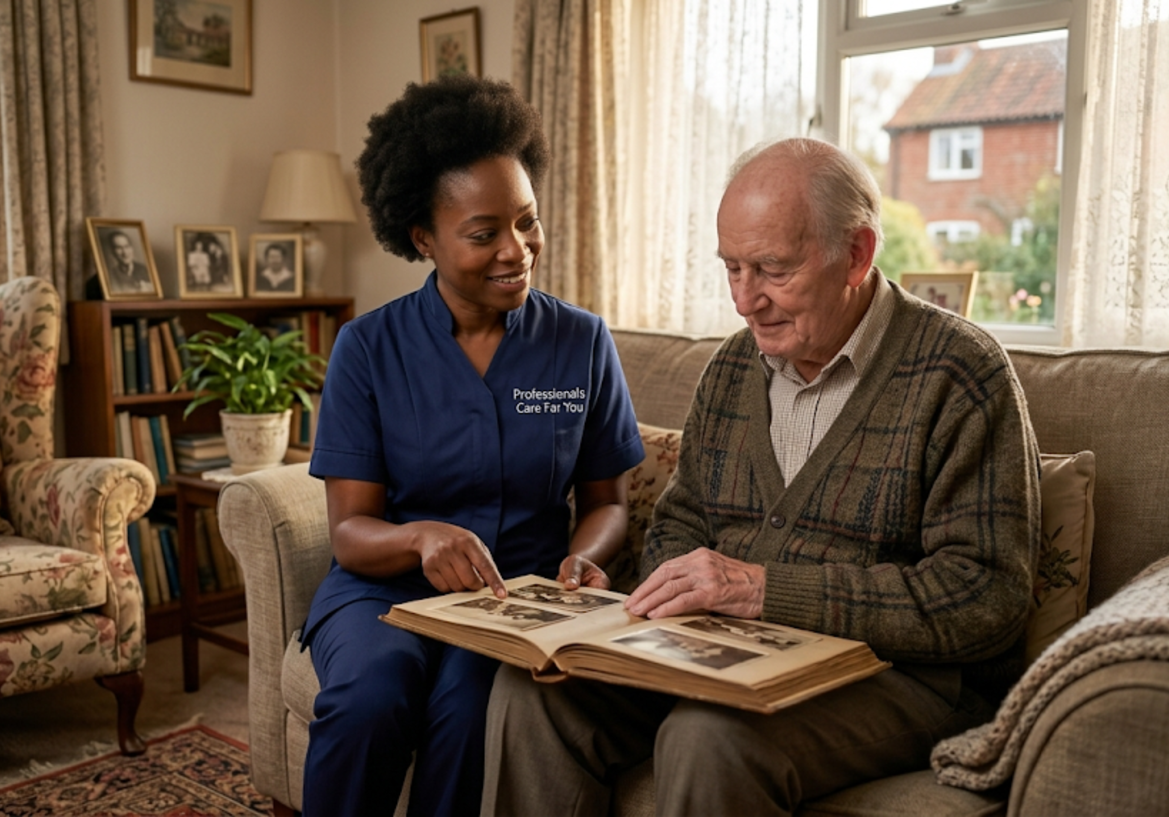 African female home carer from Professionals Care For You sitting with an elderly man with dementia, looking at a photo album at home in Norfolk