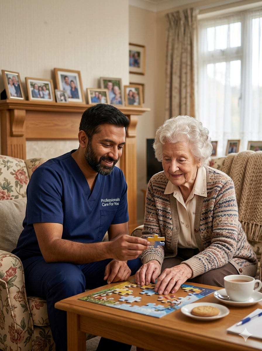 South Asian male Professionals Care For You carer doing a jigsaw puzzle with an elderly woman with dementia at home in Norfolk — specialist dementia care King's Lynn