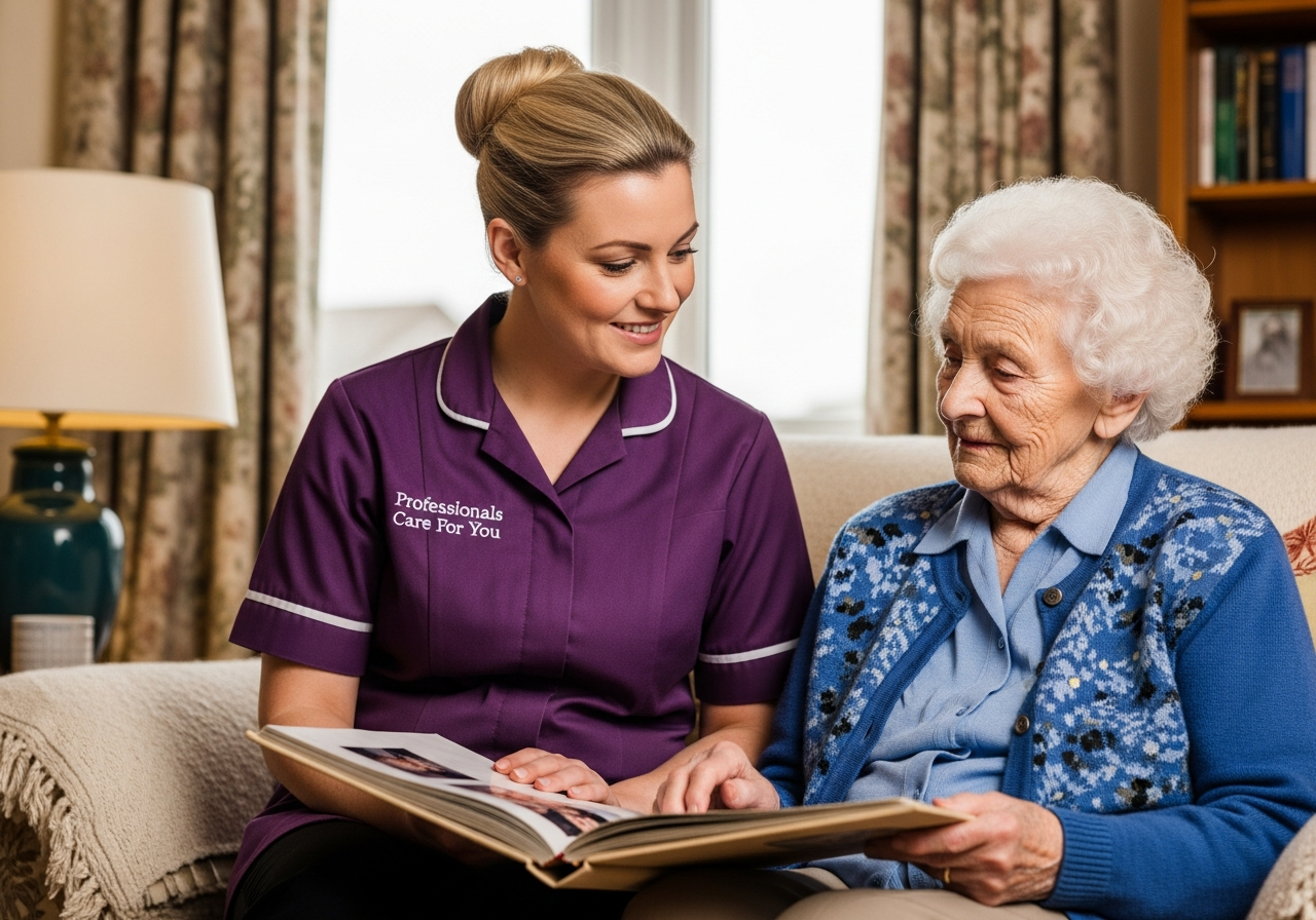 Professionals Care For You carer sitting with an elderly woman with dementia looking through a photo album together at home in Norfolk — specialist dementia care King's Lynn
