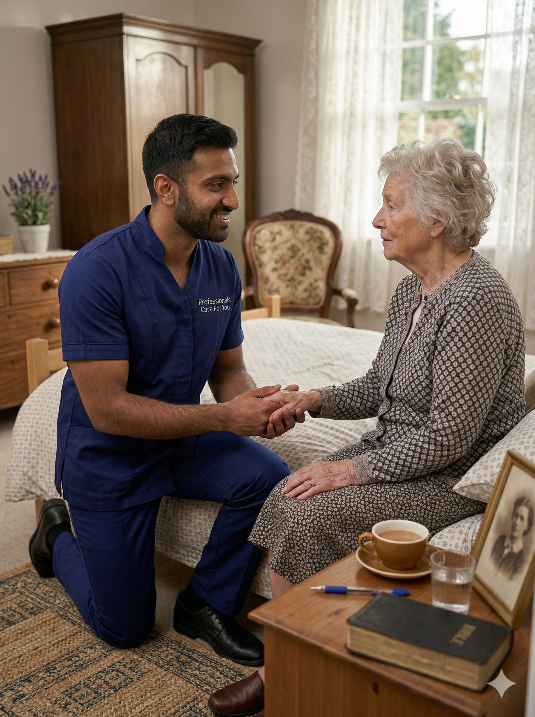Black African male Professionals Care For You carer gently holding the hand of an elderly woman with dementia in her Norfolk bedroom — trusted dementia care in King's Lynn