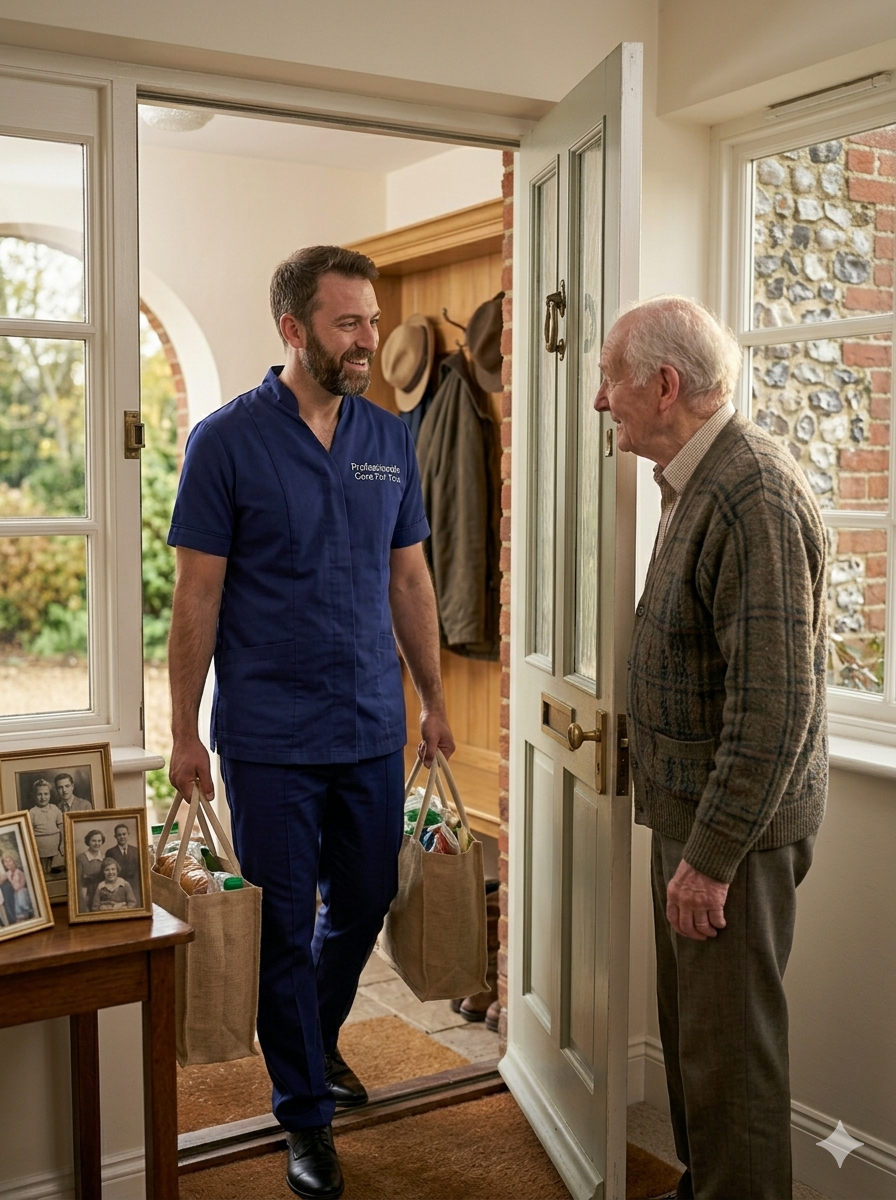 White European male Professionals Care For You carer bringing shopping into a Norfolk home for an elderly man — domestic support including shopping and errands in King's Lynn