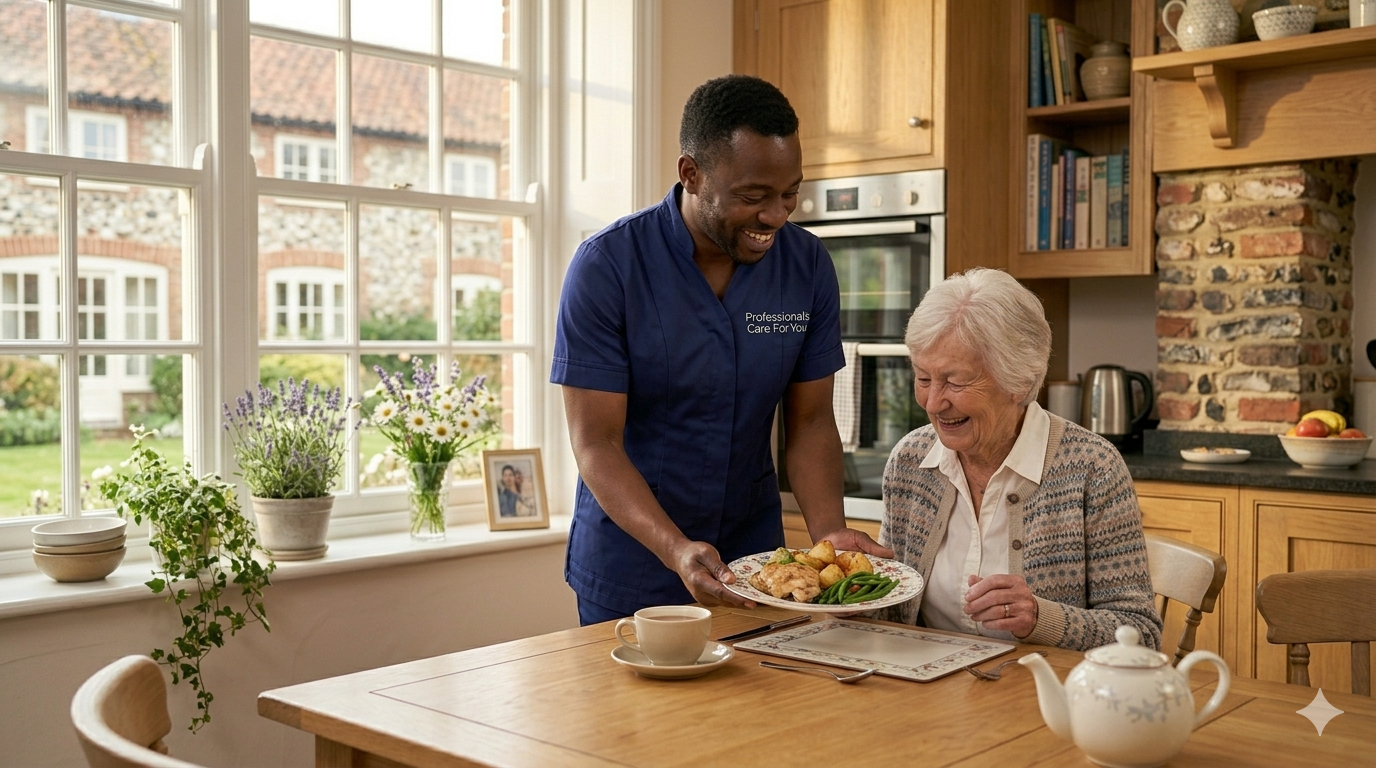 White European female Professionals Care For You carer preparing a meal in a tidy Norfolk kitchen while an elderly man relaxes at the table — trusted domestic support and home help in King's Lynn