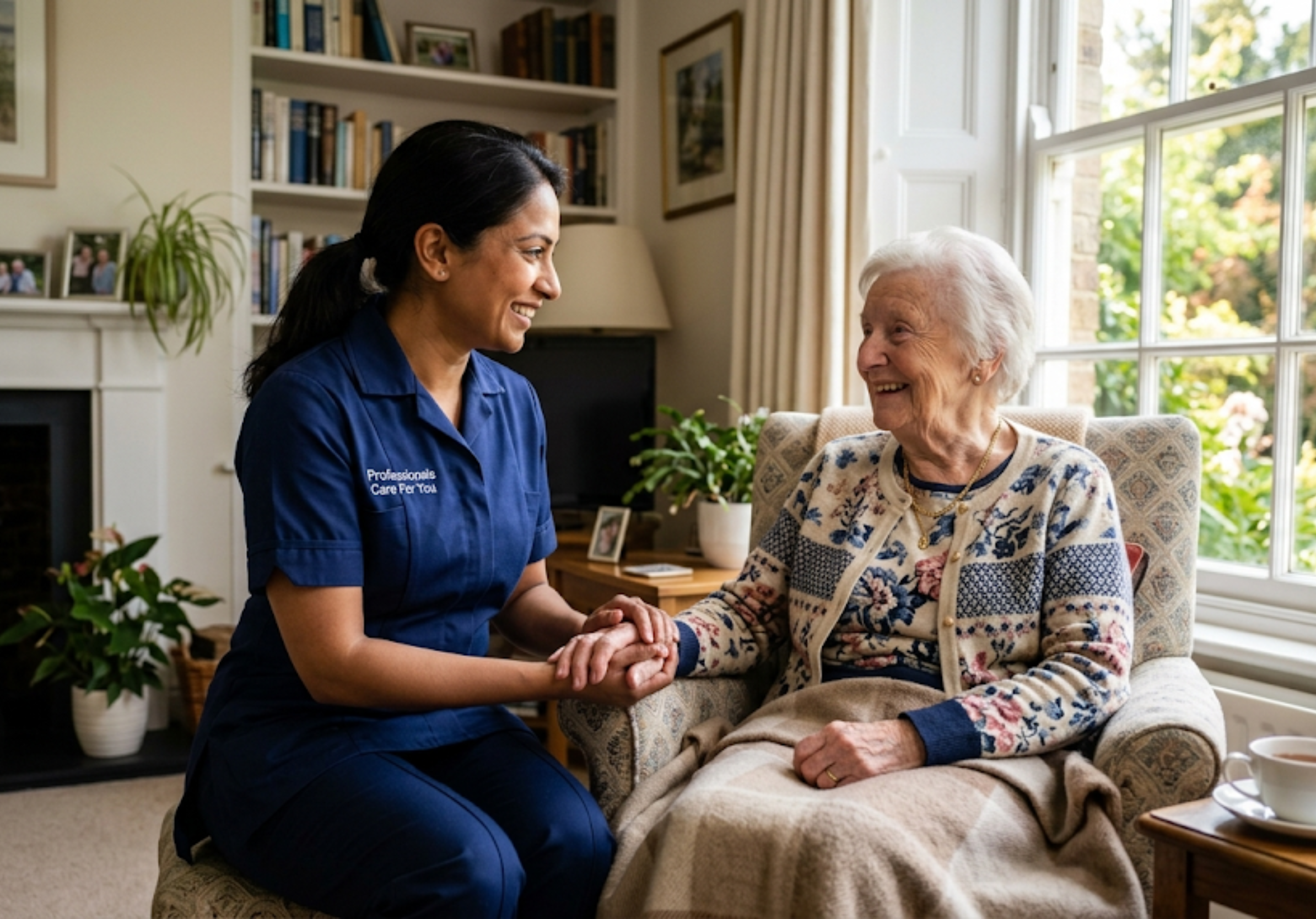 A South Asian female home carer in a navy Professionals Care For You uniform assisting an elderly woman at home in Norfolk