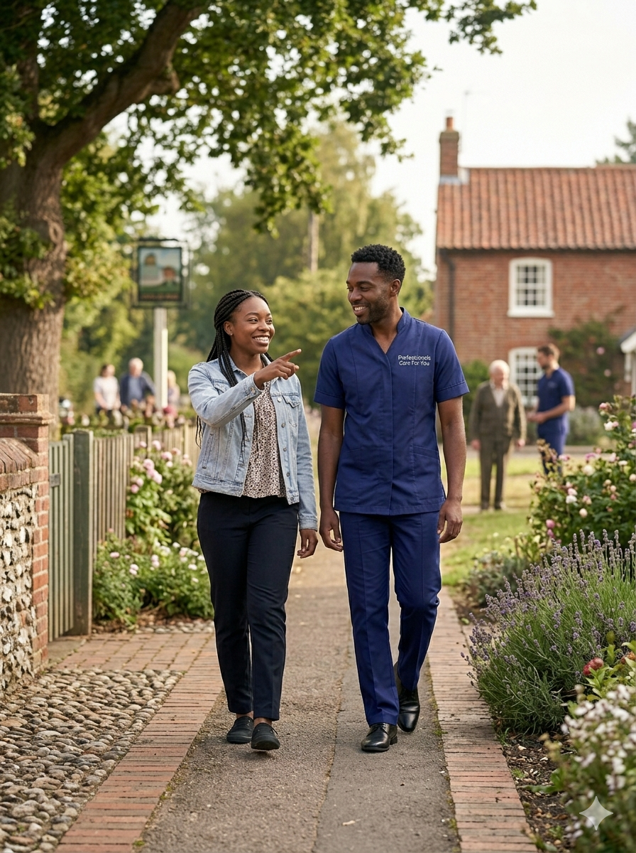 Black African male Professionals Care For You carer walking alongside a young woman with a learning disability in Norfolk — community support and independence-focused care in King's Lynn