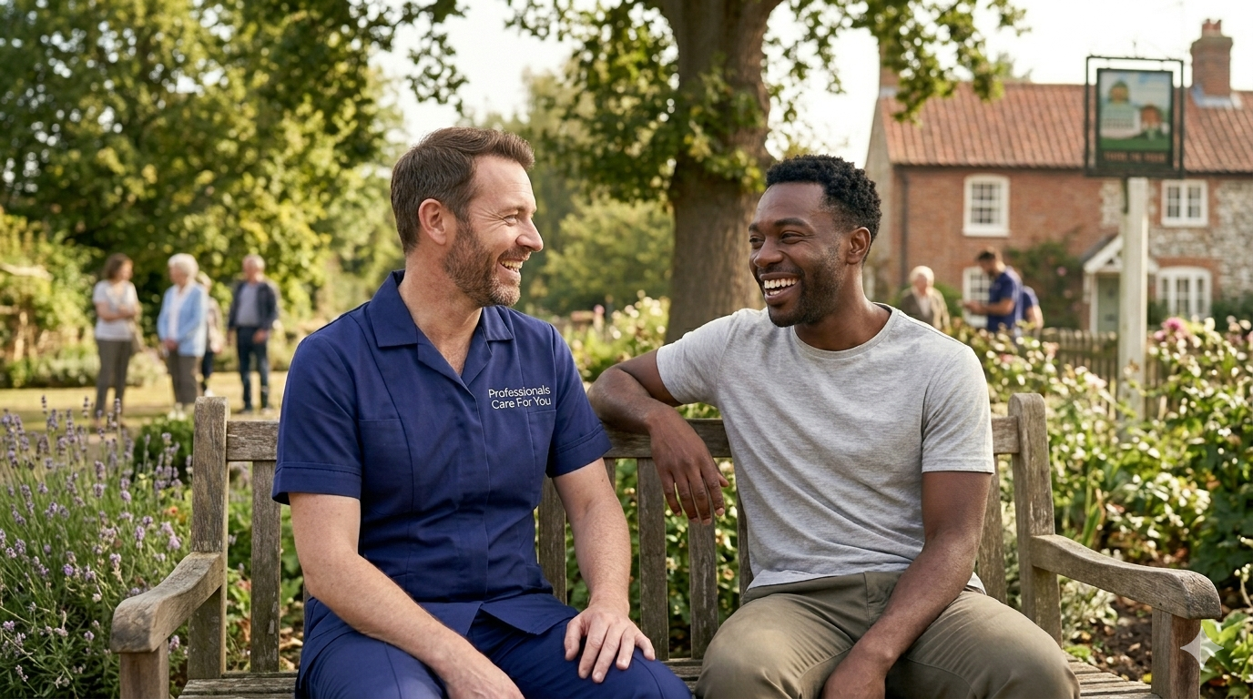 Black African female Professionals Care For You carer and a young East Asian woman with a learning disability enjoying coffee together in a Norfolk café — trusted mental health and LD care in King's Lynn