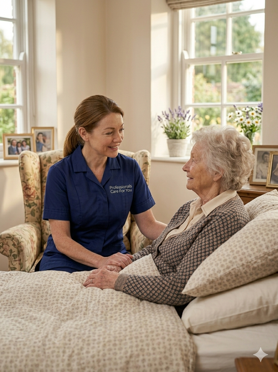 South Asian female Professionals Care For You carer speaking gently with an elderly woman resting in her Norfolk bedroom — palliative care at home in King's Lynn and West Norfolk