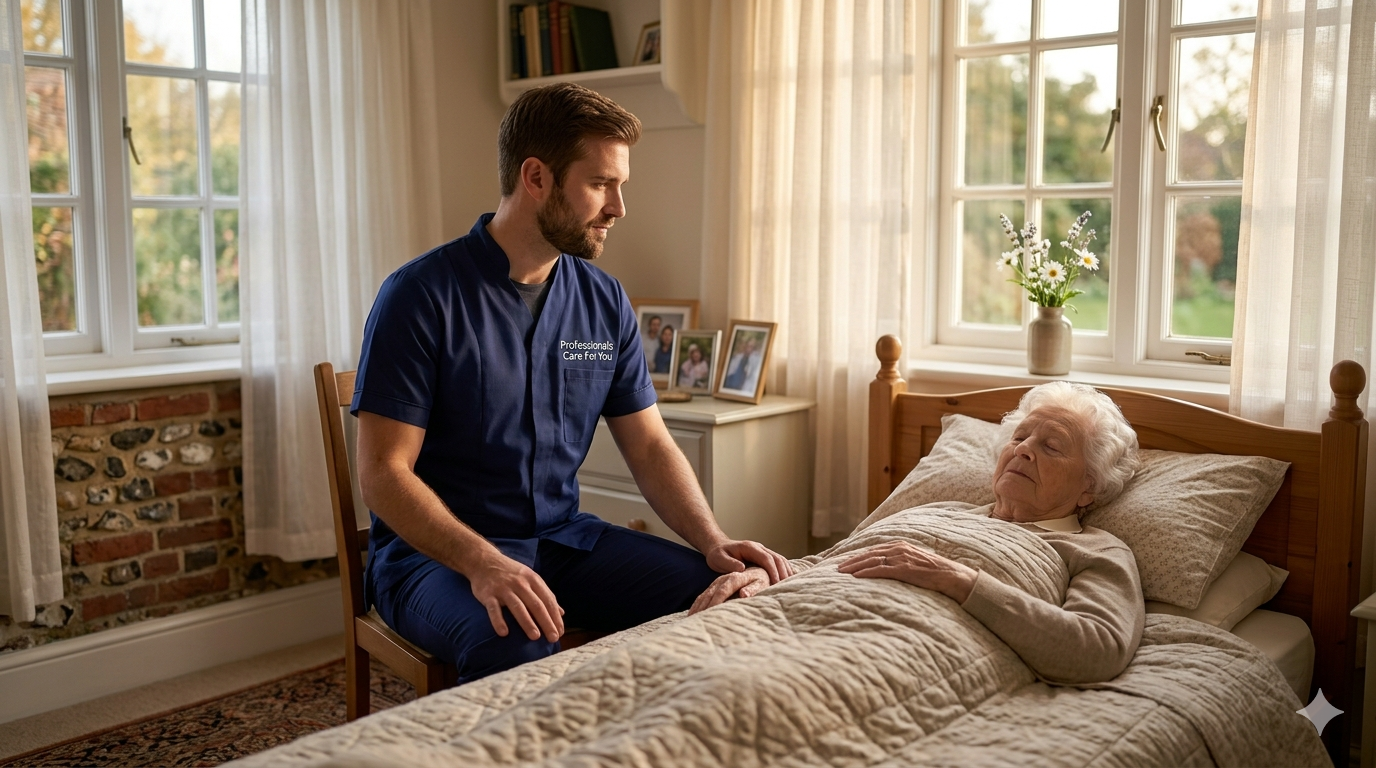 Black African female Professionals Care For You carer sitting beside an elderly woman resting peacefully in her Norfolk bedroom — trusted palliative care at home in King's Lynn and West Norfolk