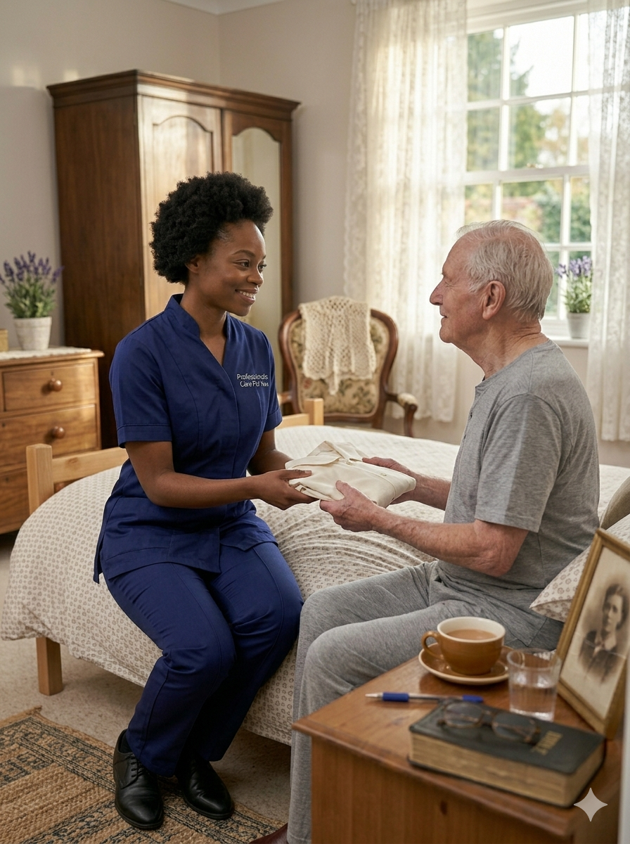 Black African female Professionals Care For You carer helping an elderly man with dressing in his Norfolk bedroom — compassionate personal care at home in West Norfolk