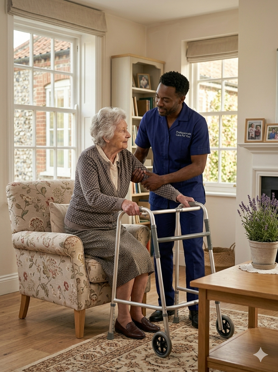 Black African male Professionals Care For You carer supporting an elderly woman with a safe transfer in her Norfolk home — trusted personal care in King's Lynn and West Norfolk