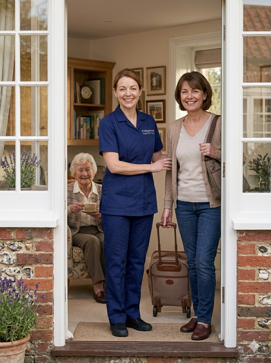 European female Professionals Care For You respite carer at the door of a Norfolk home as a family carer leaves for a break — respite care in King's Lynn giving families relief and reassurance
