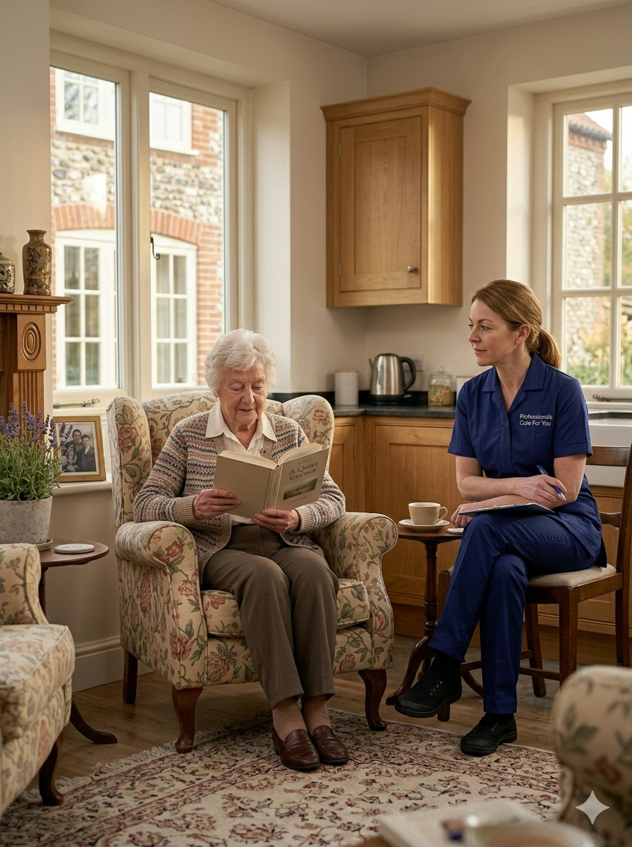 White European female Professionals Care For You respite carer with an elderly woman reading in her Norfolk sitting room — trusted respite care in King's Lynn giving family carers peace of mind