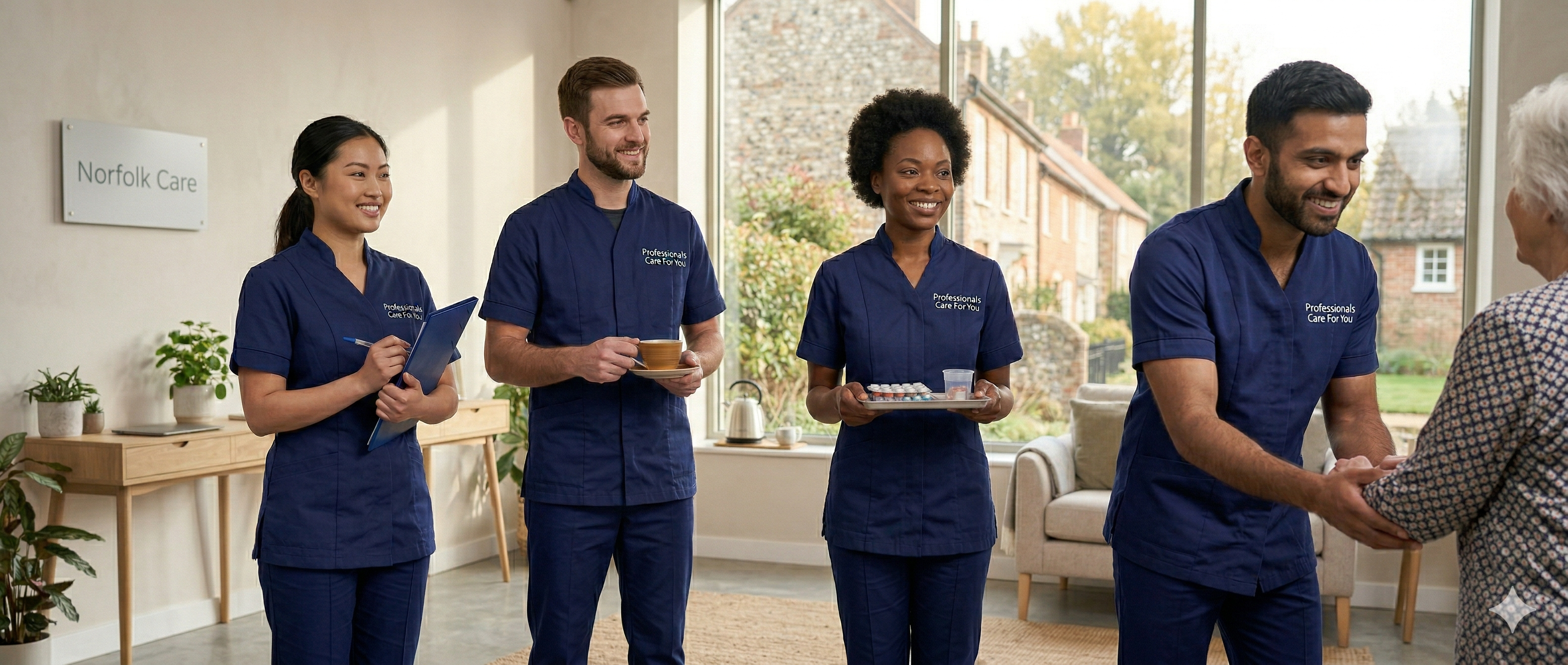 The Professionals Care For You care team in Norfolk — South Asian, European, African and East Asian carers in navy uniforms representing dementia, personal, companionship and domestic home care services