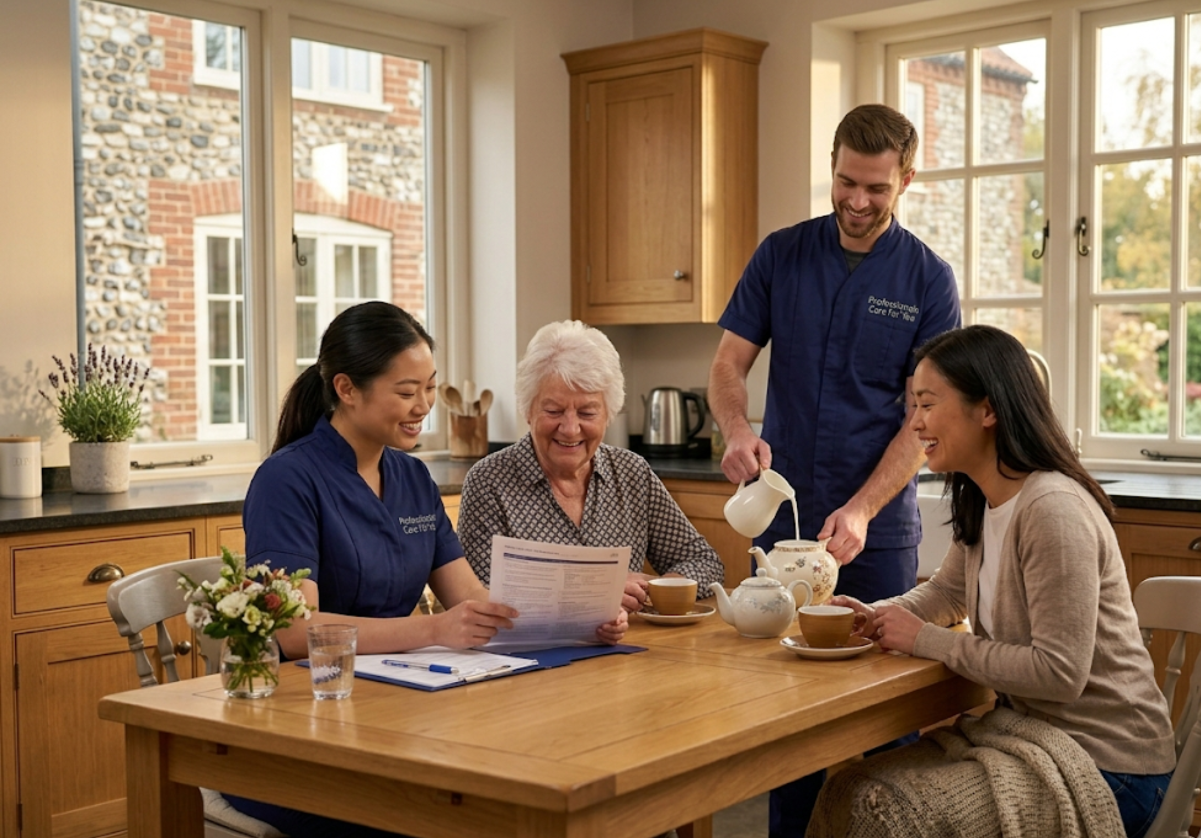 South Asian female Professionals Care For You carer reviewing a personalised care plan with an elderly woman and her daughter at home in Norfolk