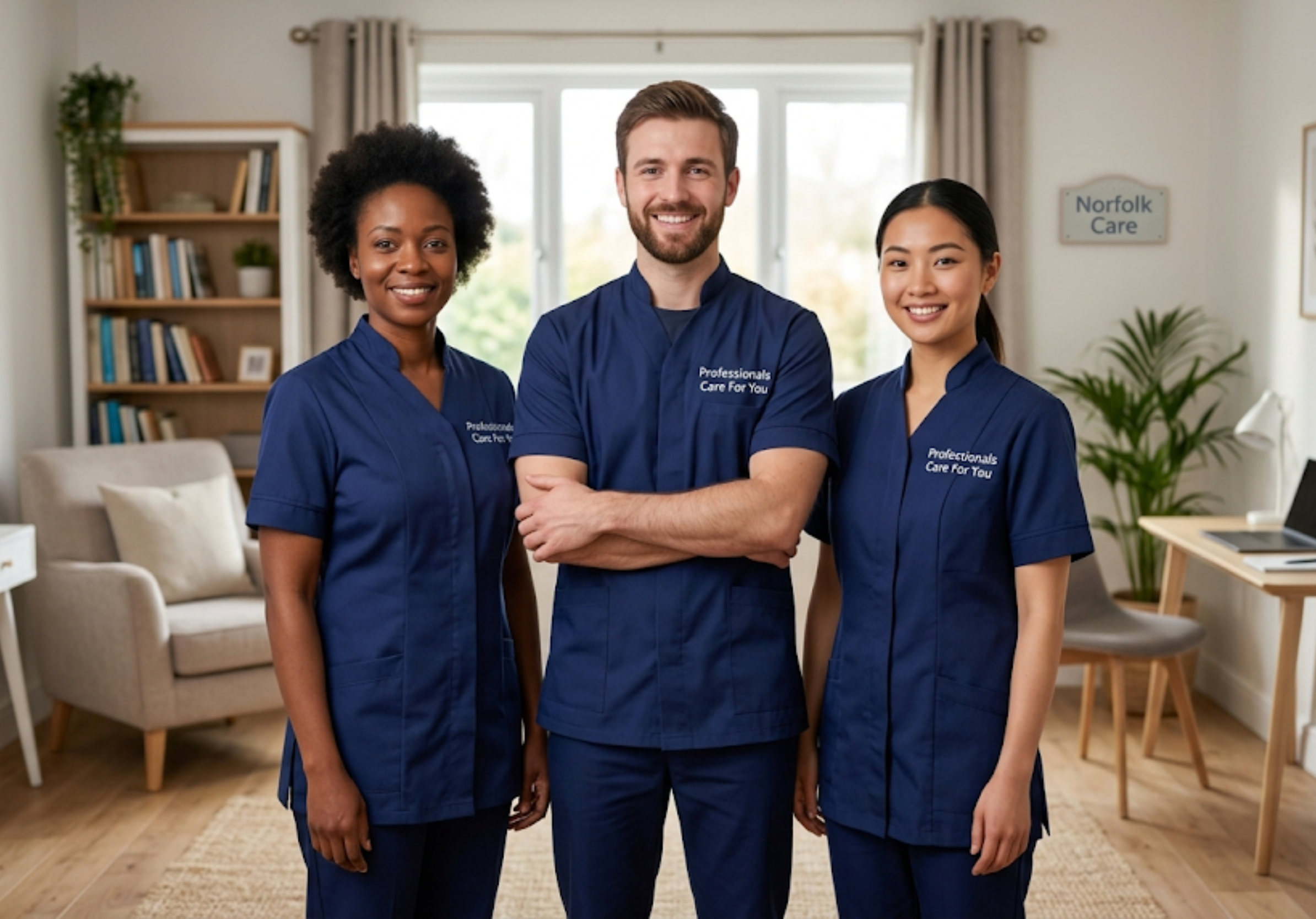Diverse team of Professionals Care For You home carers โ African, European and Asian โ in navy uniforms, King's Lynn Norfolk